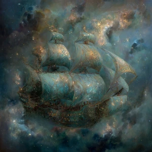 In the vast expanse of space, a surreal galaxy galleon drifts, f...