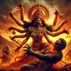 Portrait of angry and gorgeous goddess durga slaying mahishasur...