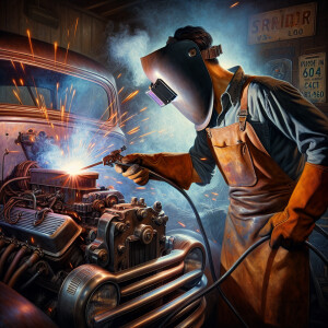An American welder welding the engine of a  1955 ford pickup tru...