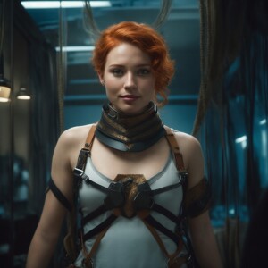 Photorealistic image. Beautiful ginger haired female, fair skin,...