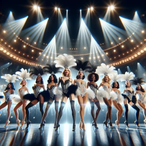 Create a photorealistic image depicting a troupe of Las Vegas sh...