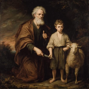 Abraham with a knife raised to a boy with a ram beside him