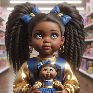 Create a 3-D image of an african-American little girl inside of a medium size, toy store. The little girl has thick long, ponytails and huge blue eyes. She has on a gold and blue jumpsuit with matching bows, She is playing with her favorite african-American cabbage patch doll, the doll has deep, dimples, and freckles and looks just like her