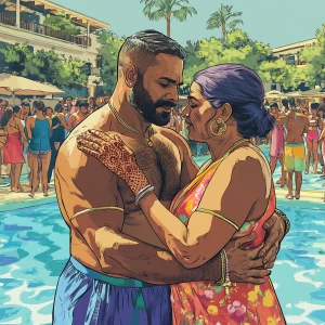 Create a digital artwork depicting a bustling summer pool party...
