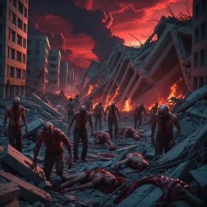 Apocalyptic natural disaster strikes a crumbling city at twiligh...