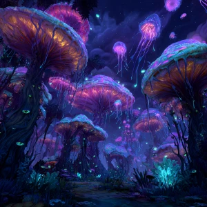 A surreal, menacing alien forest seen from a low angle, the view...