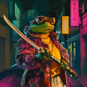 MEME PEPE in GTA art style — holding a samurai sword — highly de...