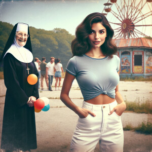 Create a color film photograph from 1972 of a beautiful, brunett...