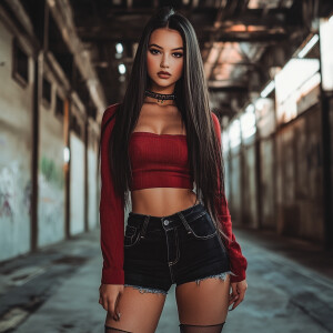 Capture the elegance of a fair-skinned woman with dark long stra...