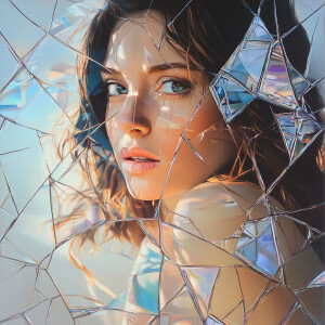 A woman standing in front of a cracked mirror, with her reflecti...