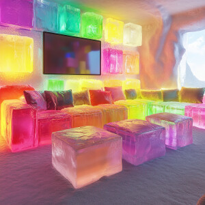 A cozy, futuristic living room made entirely of ice blocks in va...