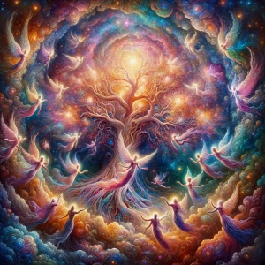 In a luminously vibrant realm, ethereal beings float in a kaleid...