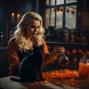 Photorealistic image. Beautiful blonde witch brewing up some tro...