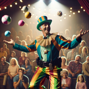 A deputy sheriff performing like a clown at the circus