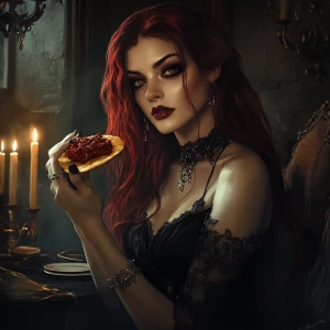 In a dimly lit, candle-filled chamber, a captivating female vamp...