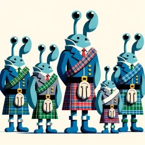 A group of clams wearing Scottish matching blue / green kilts an...