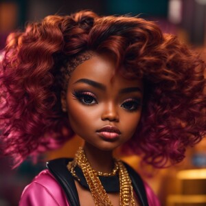 Create a Bratz doll character with brown skin and an ombré hairs...
