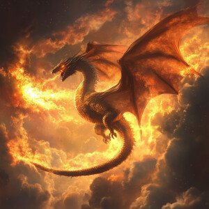 A majestic dragon soaring through the sky, exhaling fierce flame...