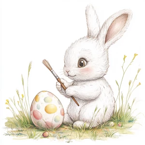 A cute bunny sitting in a bit of grass, holding a paint brush,...
