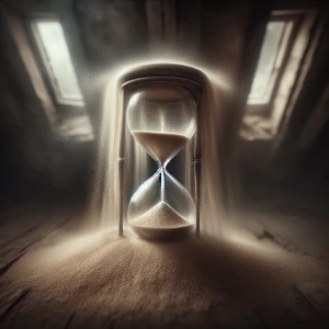 In a remote corner of the dusty attic, a lone hourglass sits ato...