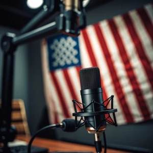 A dimly lit podcast studio, focusing on an American flag promine...