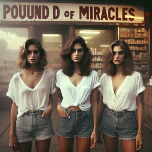 Create a color film photograph from 1972 of three beautiful, ext...