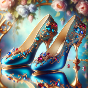 Imagine a pair of enchanting shoes, each a mirror image of the other, placed gracefully upon a regal surface. They are bathed in the soft, diffuse light that casts gentle reflections upon their silk fabric. These shoes are no ordinary footwear; they are a masterpiece of vibrant royal blue, adorned with ornate golden filigree and a multitude of glittering jewels in various hues—rubies, sapphires, emeralds, and delicate pink diamonds. Each shoe boasts an elegant, curved heel in a matching vivid blue, with tiny red and blue gems accenting the base. The shoes are positioned against a backdrop of soft-focus flowers, their pastel colors complementing the rich tones of the shoes, with hints of gold framing providing a touch of opulence. This image captures the essence of a fairy tale brought to life, a visual symphony of color and splendor.