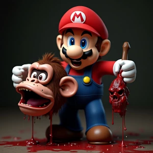 Mario holding decapitated donkey Kongs head,, photo, horror, blo...