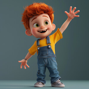 Can you create a 3 year old cartoon like boy raising his right a...