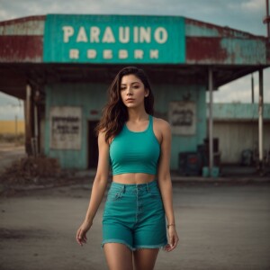 Faded photograph of gorgeous brunette 23-year-old wearing a teal...