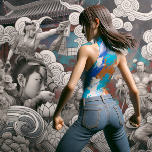 Athletic Thin skinny Attractive, Asian teenage girl, long brown hair and bangs, wearing tight skinny jeans and a halter top paint marks on her clothing, heroic pose Asian graffiti background, backside view