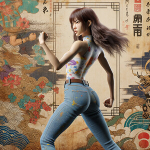 Athletic Thin skinny Attractive, Asian teenage girl, long brown hair and bangs, wearing tight skinny jeans and a halter top paint marks on her clothing, heroic pose Asian graffiti background, backside view