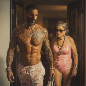 Hyperrealism painting ,a latin muscular beefy bearded tattoed s...