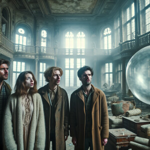 2 guys and 2 girls are standing in an abandoned mansion. They se...