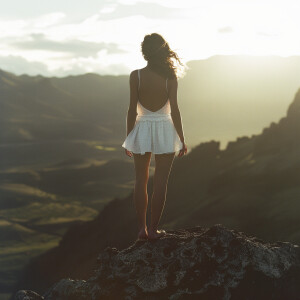 Photo of girl wearing white short sun dress standing on rock on...