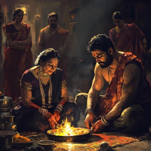 Digital art HD 1:1,A sweaty  man sitting beside his mother in la...