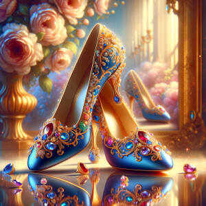 Imagine a pair of enchanting shoes, each a mirror image of the other, placed gracefully upon a regal surface. They are bathed in the soft, diffuse light that casts gentle reflections upon their silk fabric. These shoes are no ordinary footwear; they are a masterpiece of vibrant royal blue, adorned with ornate golden filigree and a multitude of glittering jewels in various hues—rubies, sapphires, emeralds, and delicate pink diamonds. Each shoe boasts an elegant, curved heel in a matching vivid blue, with tiny red and blue gems accenting the base. The shoes are positioned against a backdrop of soft-focus flowers, their pastel colors complementing the rich tones of the shoes, with hints of gold framing providing a touch of opulence. This image captures the essence of a fairy tale brought to life, a visual symphony of color and splendor.