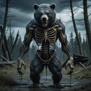 "A nightmarish vampire bear with a distorted and skeletal body,...