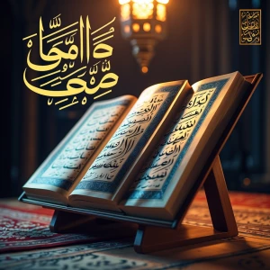 An elegant Islamic-themed background with an open Qur’an placed...