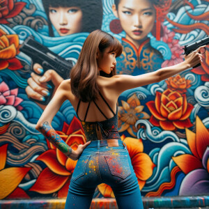 Attractive, Asian teenage girl, long brown hair and bangs, wearing tight skinny jeans and a halter top paint marks on her clothing, backside view heroic pose Asian graffiti