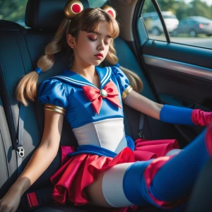 Create an image of a 14-year-old girl dressed in a Sailor Moon-i...