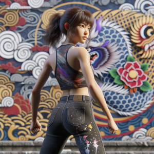 Athletic Thin skinny Attractive, Asian teenage girl, long brown hair and bangs, wearing tight skinny jeans and a halter top paint marks on her clothing, heroic pose Asian graffiti background, backside view