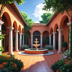 "Create a sunlit Mediterranean-style villa courtyard with elegan...
