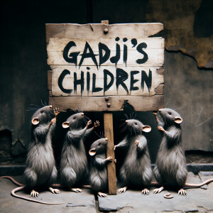 gray rats holding one large sign with the text "Gadji' children...
