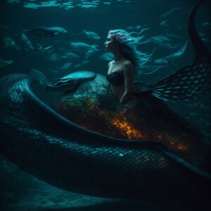 A grotesquely beautiful mermaid creature floats above the ocean...