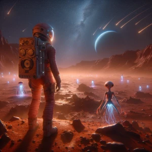 A lone female astronaut in a slightly damaged, high-tech pink sp...