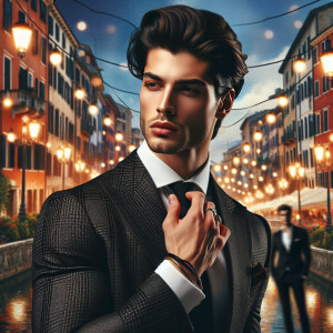 An  Italian male model with dark hair striking a pose in a styli...