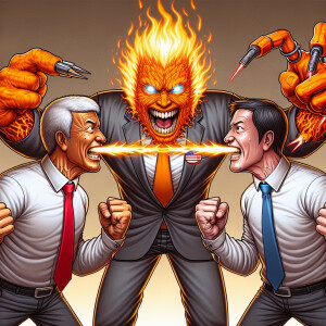 Trump fist fighting Biden and Harris. 

Spitting fire out of his...