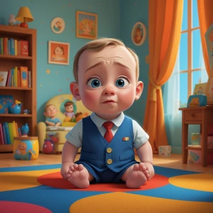 baby Putin in children room, use pixar and satirical art style