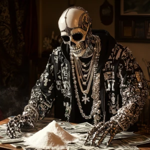 Cyborg's dressed in hip-hop clothing and half skull mask, wearin...